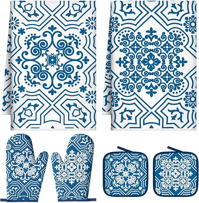 Jingmore 6 Pcs Kitchen Decor Set Accessory Farmhouse Kitchen Towels Pot Holders Oven Mitts Set 2 Dish Towels 2 Pot Holders 2 Cooking Mittens Oven Glove for Cooking (Blue,White,Chinoiserie Printed)