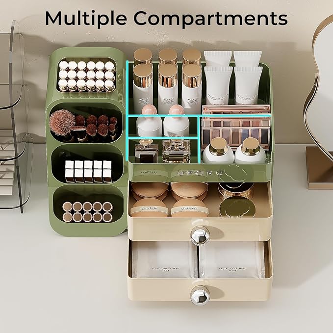 Makeup Organizer for Vanity with Brush Holder, Large Plastic Bathroom Countertop Skincare Organizer with 2 Drawers, Spacious Cosmetic Display Case for Perfumes, Eyeshadow Palettes, Nail Polishes
