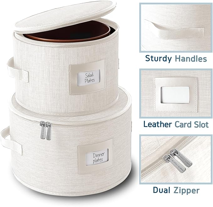 Fine China Storage Containers, 5 Piece Quilted Dish Storage Containers, Mug, Cup, and Plate Dish Organizer with Felt Dividers, Service of 12 Dinnerware Boxes for Moving, Seasonal Organization, Cream