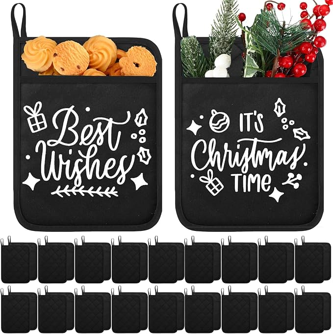 Hoolerry 20 Pieces Pot Holders with Pocket Sublimation 7x9'' Cotton Oven Pot Holders Bulk with Hanging Loops Pads for Kitchen Cook Baking (Black)