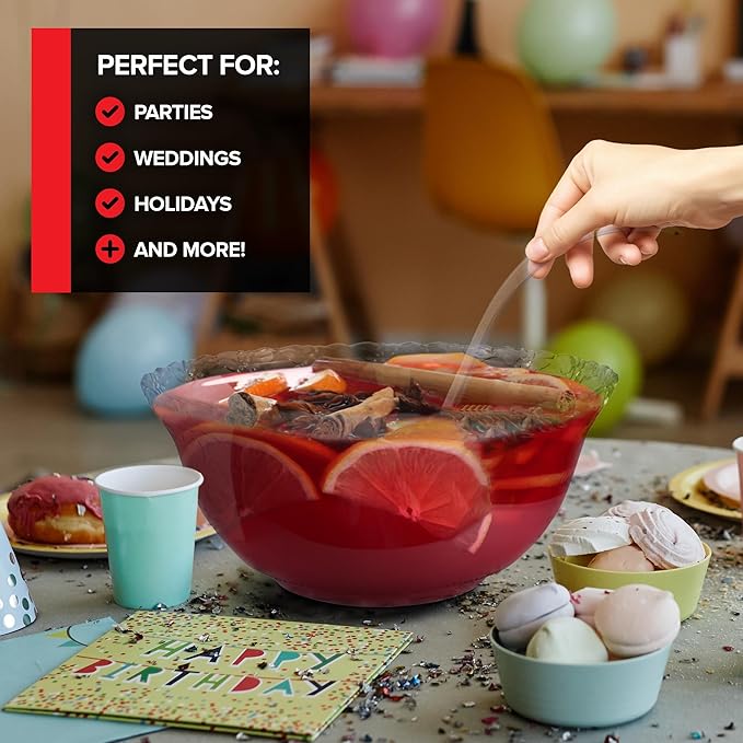 Stock Your Home Premium Plastic Punch Bowl with Ladle, Fancy Disposable Punch Bowls for Parties, Holidays, Schools, Halloween, and More, Quality Glass Like Appearance, Large Punch Bowl with Ladle Set