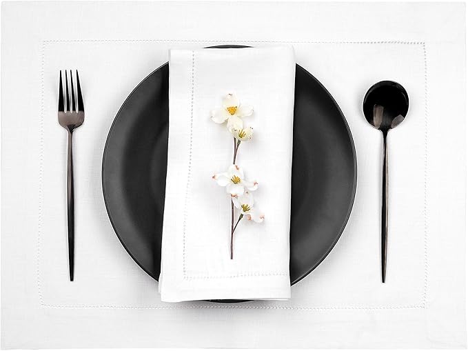 D'Moksha Homes White Linen Placemats Set of 4 - Classic Hemstitch Placemats 14 x 19 Inch - 100% Pure Linen Table Mats for Mothers Day, Spring - Handcrafted and Machine Washable