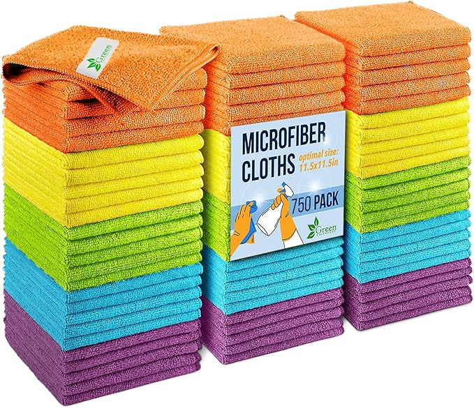 GREEN LIFESTYLE Microfiber Cleaning Cloth 11.5" x 11.5" 750 Pack - Edgeless Microfiber Towels for Cars, Cleaning Rags, Lint Free Car Microfiber Towel, Reusable Cleaning Cloths (Multicolor)