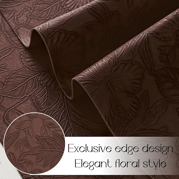 Romanstile Vinyl Placemats Set of 8-12 X 17 Inch - Heat Resistant Non-Slip Embossed Floral Place Mats 100% Waterproof Oilproof Wipeable Faux Leather Table Mats for Kitchen/Dining/Party, Brown