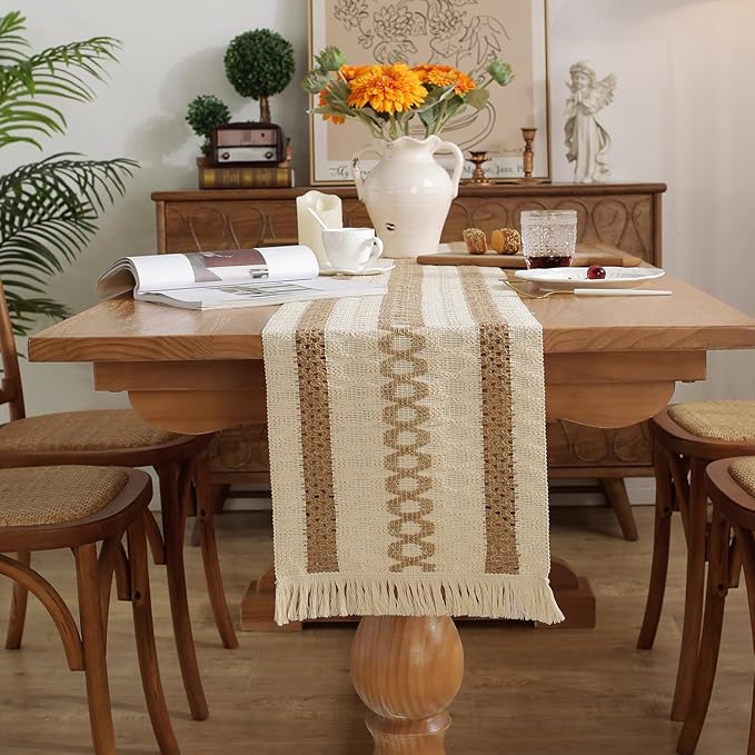 Niviy Boho Table Runner with Tassels 12 x 132 Inches Long, Cream & Brown Rustic Farmhouse Table Runner with Tassels for Home Kitchen Holiday Party and Wedding Decor Runner
