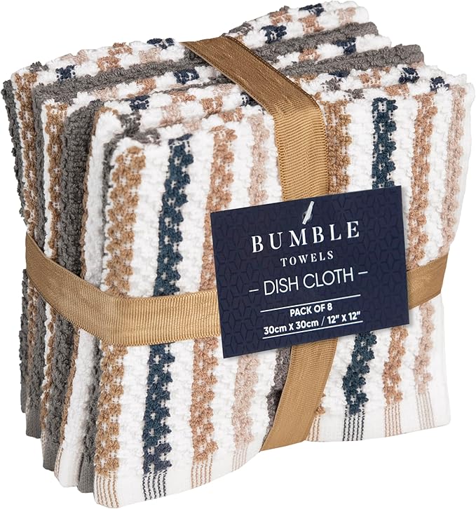 Bumble Premium Dish Cloths Towel 12"x12" | 100% Natural Ring Spun Cotton Tea Towel Set | 430 GSM | Highly Absorbent & Soft Dish Towels | 8 Pack - 4 Popcorn Wide Striped & 4 Solid Kitchen Towels - Gray