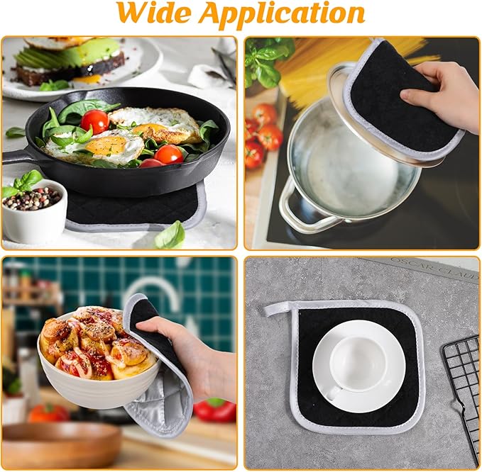 24 Pcs Cotton Pot Holders for Kitchen Heat Resistant, 7 x 7 Inch Pot Holders Bulk with Hanging Loops Square Potholders Oven Hot Pads for Kitchen Cooking Baking (Grey & Black)