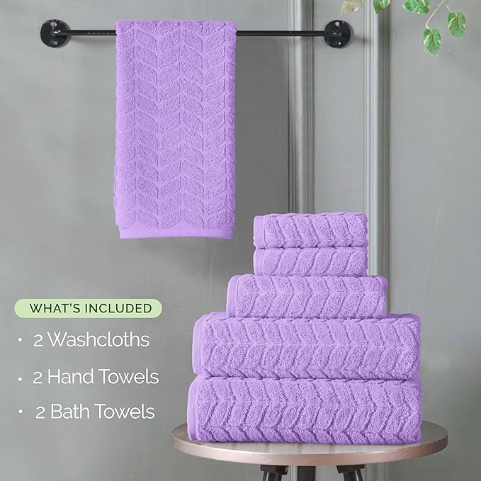 Elegant Comfort Luxury 6-Piece 100% Turkish Cotton Jacquard Braided Textured Premium Hotel Quality Towel Set– Soft and Absorbent, Includes 2 Bath Towels, 2 Hand Towels and 2 Washcloths, Lilac