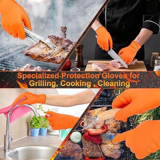ANBOSON BBQ Gloves for Grilling Disposable Heat Resistant - 100 Nitrile Gloves + 4 Reusable Cotton Liners for Cooking Smoker -Orange XXLarge