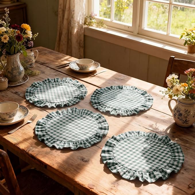 4 Pcs 15 Inch 100% Cotton Scalloped Round Placemats, Thin Dark Green Gingham Place Mats with Ruffle, Washable Placemats Table Mats for Kitchen Dining Holiday Gatherings Decor