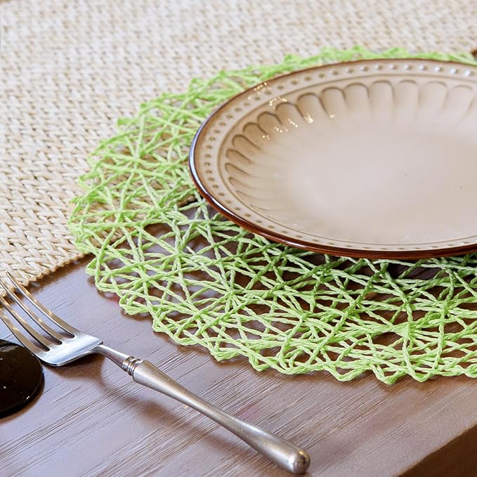 AHHFSMEI Paper Braided Round Placemats Set of 8 Natural Non-Slip Heat Resistant Table Mats for Dining Tables Woven Indoor Outdoor Place mats(Light Green,8)
