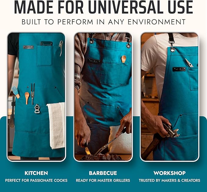 Asaya Chef and BBQ Apron with Bottle Opener and Hand Towel - 10oz Cotton Canvas, Stainless Steel Hardware - Cross Back Straps
