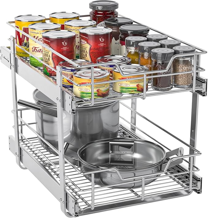 ZOINLIY Pull Out Cabinet Organizer, Versatile Slide Out Kitchen Organizers and Storage,Heavy Duty Drawer Cupboard Storage Basket, Smooth Sliding, Chrome Finish (2-Tiers-17¾''W×22“D)