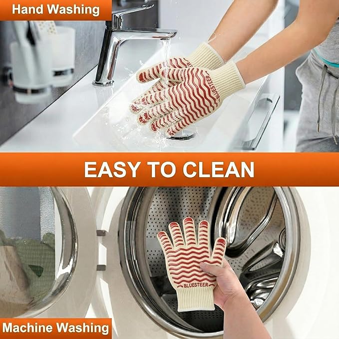 Oven Gloves 932°F Heat Resistant Oven Mitts with Fingers, Heat Proof BBQ Grill Gloves Silicone Grip Fireproof Gloves for Kitchen Cooking Grilling Baking