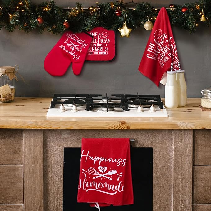Sratte 6 Pcs Kitchen Decor Accessories Set Farmhouse Towels Pot Holders Oven Mitts Set 2 Dish Towels 2 Potholders 2 Cooking Mittens Oven Glove for Christmas Baking Cooking Supply(Red,Kitchen)