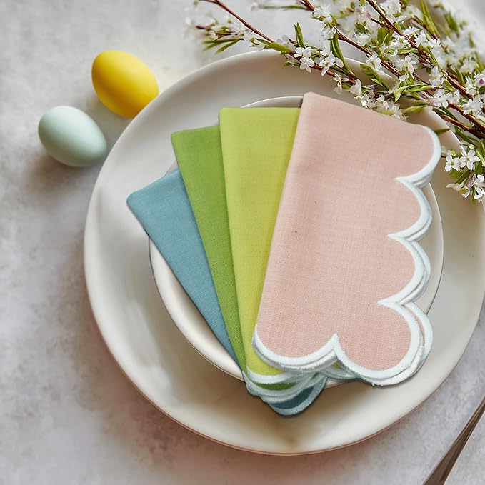 COTTON CRAFT Easter Cloth Napkins - Set of 8 Soft 100% Cotton Assorted Elegant Scalloped Table Napkin - 2 Each in Pink, Aqua, Yellow, Green – Spring Summer Lunch Dinner Serviettes - Multicolor - 17x17