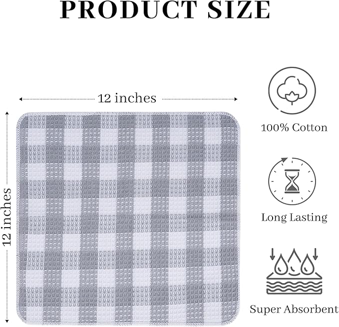 Blue Needles Set of 8 Waffle Weave Check Plaid Dish Cloths, 12x12 Inches 100% Cotton Dish Towels for Kitchen, Ultra Soft & Absorbent Kitchen Towels for Quick Drying Spring Summer - Ash Grey & White