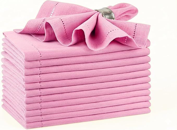 Palisa Pink Cotton Napkins Set of 12 | Premium Hemstitch Detailing Cloth Dinner Napkins 18x18 Inch | Soft Washable & Reusable Table Napkins for Everyday Use Weddings Parties Restaurants & Hotels