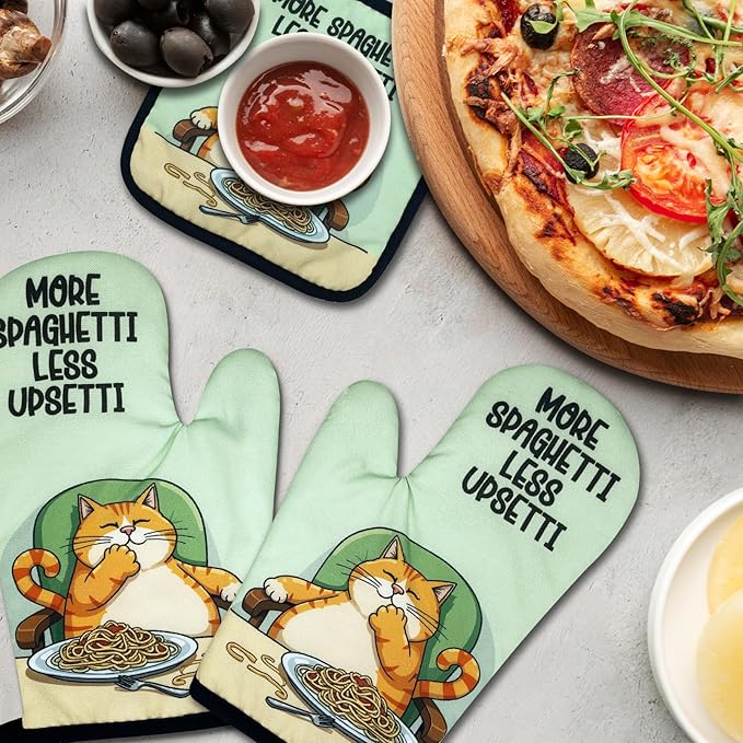 Cute Cat Oven Mitts and Pot Holders Set of 3, More Spaghetti Less Upsetti, Heat Resistant Non-Slip Kitchen Mitts Hot Pads, Spaghetti Lovers Gifts, Housewarming Gifts for Hostess Chef Friend