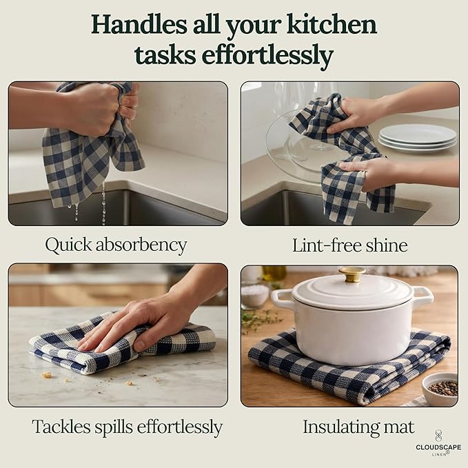 CLOUDSCAPE Kitchen Towels Set of 6 : Cotton-Blended Dish Cloths, Waffle Weave Quick-Drying Dish Towels for Kitchen Essentials, Highly Absorbent, Durable 18”x28” Hand Towels with Hanging Loop -Indigo