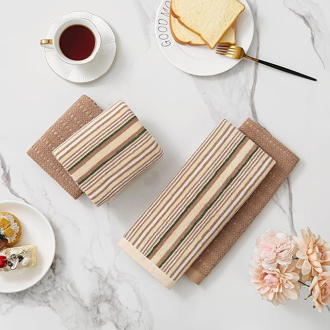 Kitchen Dish Towels for Drying Dishes, Large Cotton Kitchen Towels, Stripped Terry Dish Cloths, Thick Highly Absorbent Towel Sets with Hanging Loop, 16" X 26", 6 Packs,Beige and Solid Color
