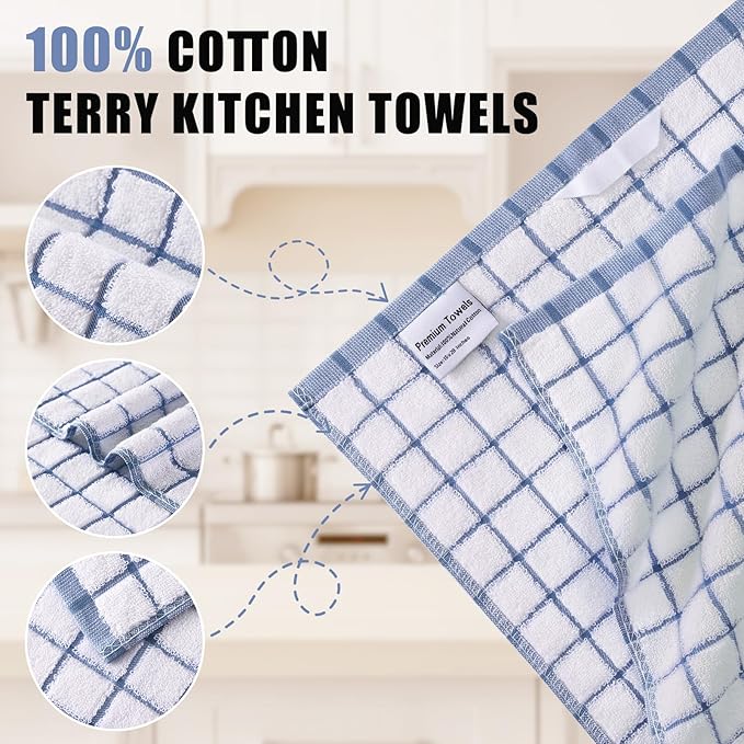 Homaxy Premium Kitchen Towels(16”x 28”, 8 Pack), Large Ring Spun Cotton Dish Towels, Super Absorbent Soft Terry Kitchen Hand Towels, Check Design Tea Towel Set with Hanging Loop, Navy Blue