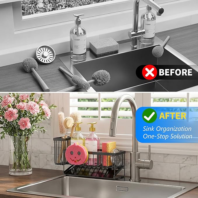 Sponge Holder for Kitchen Sink,Smiley Face Sink Caddy with Removable Brush Holder,Self-Draining Sponge Caddy for Sponge,Soap,Dish Brush,Scrubber,Kitchen Essentials and Gadgets
