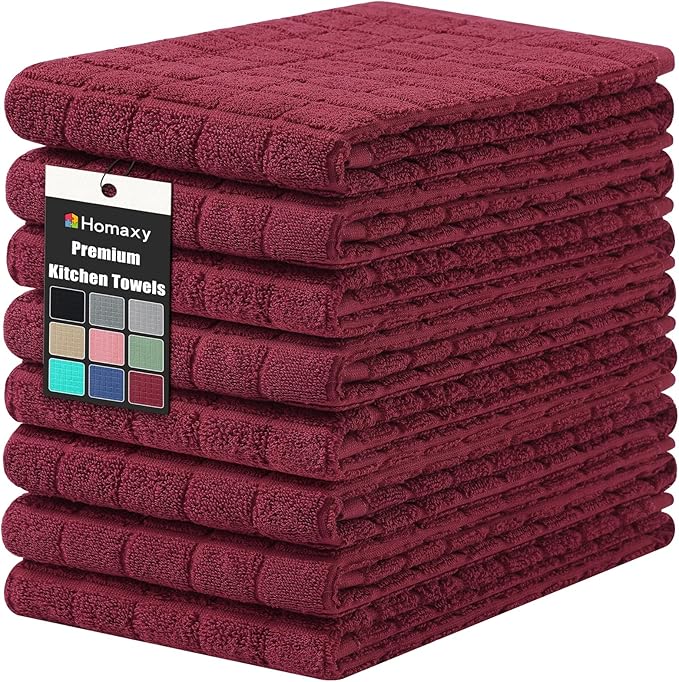 Homaxy Premium Cotton Kitchen Towels 16"x 28", Large Natural Ring Spun 390 GSM Dish Towels, Super Absorbent Terry Kitchen Hand Towels, Soft Tea Towels with Hanging Loop, Pure Red Design, 8 Pack