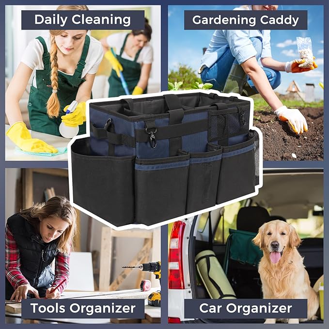 SCAVATA Wearable Cleaning Caddy, Cleaning Caddy Supplies Organizer with Handle & Shoulder Straps for Housekeepers, Under Sink & Car Cleaning Tool Organizers Bag with 4 Foldable Divider (NavyBlue)