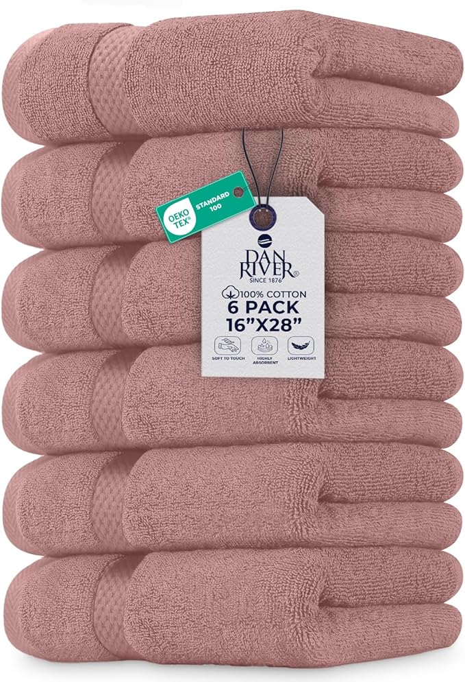 DAN RIVER 6-Pack Premium Hand Towels (16x28 Inches) - 100% Cotton, Ultra Soft, Lightweight, Highly Absorbent Towels for Bathroom, Spa, Gym, Salon, Hotel, and Travel - Dusty Pink