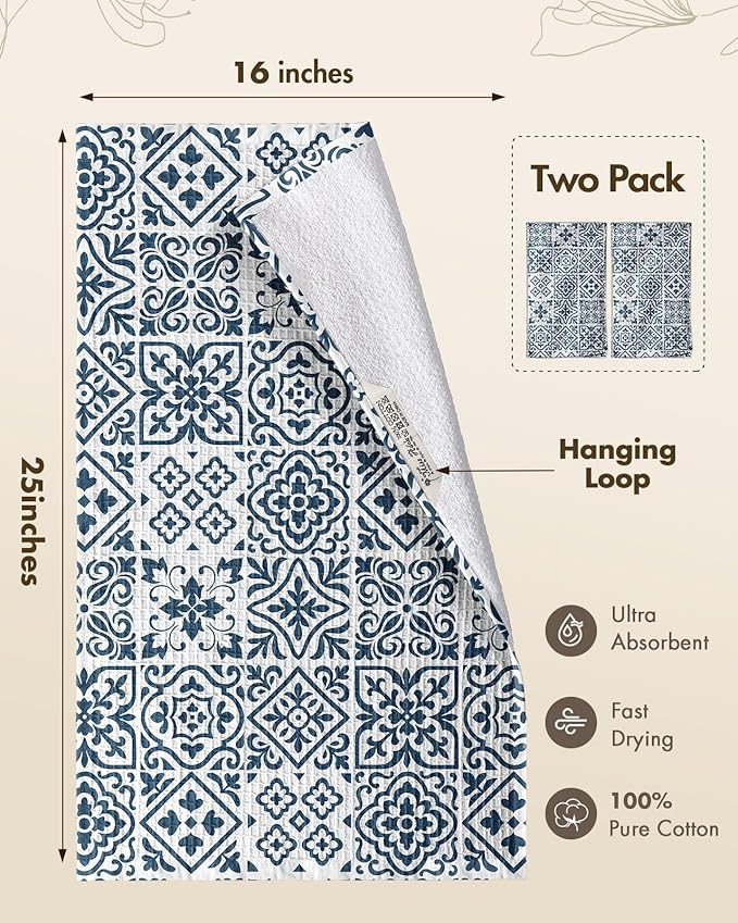 Miss Adola Cotton Waffle Kitchen Towels – Cute 370 GSM 16x25 Inch Terry Cloth Waffle Decorative Dishcloth for Kitchen Set of 2 with Hanging Loop Absorbent Hand Tea Towel for Home Design, Block Print