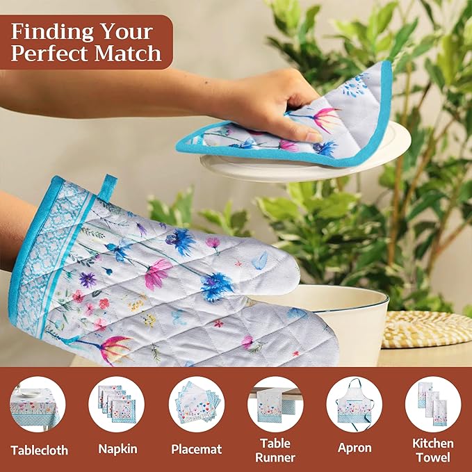 Maison d'Hermine Oven Gloves 100% Cotton Oven Mitt 7" x 13" with Loop Heat Resistant BBQ Cooking Gloves Baking Grilling Gifts for Mothers Day Spring/Summer (Pack of 1, Flower in The Field)