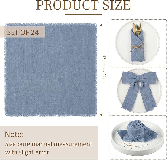 Preboun 24 Pcs Fringe Napkins Bulk Cloth Cotton Soft 17 x 17 Inch Rustic Reusable Washable Festive Square Table Napkins with Fringe for Parties Wedding Restaurant Table Accessory(Blue)