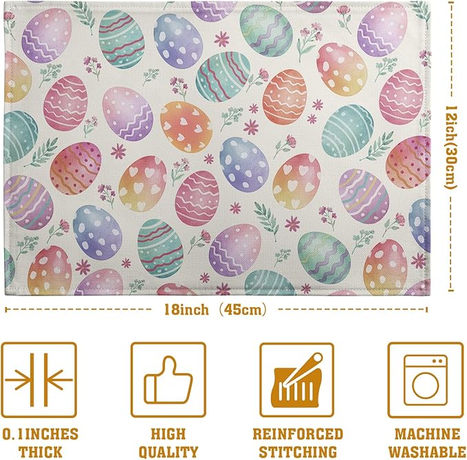 Easter Placemats Set of 4 Watercolor Colorful Eggs Floral Table Mats 12x18 Inch Spring Washable Heat Resistant Linen Fabric Place Mat for Indoor Outdoor Kitchen Dining Home