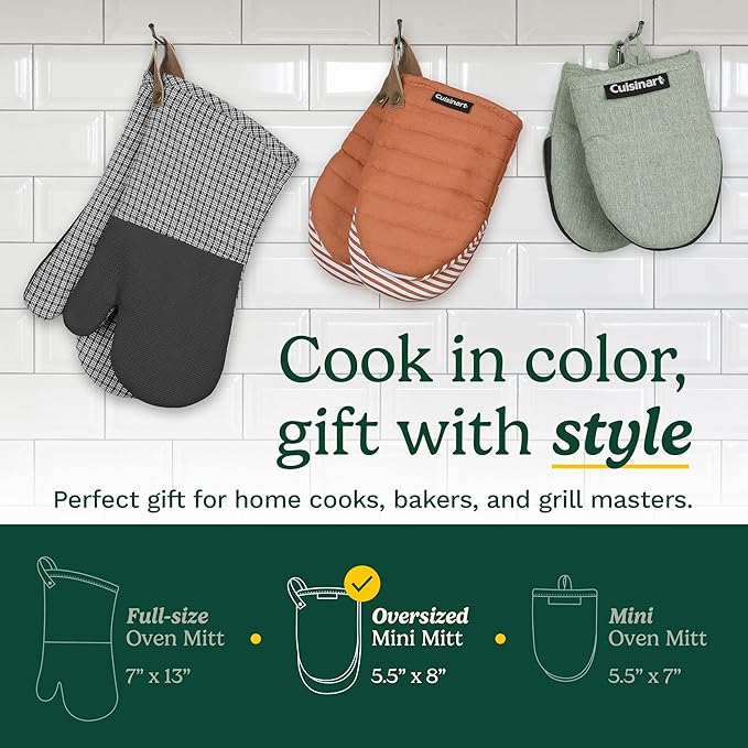 Cuisinart Mini Oven Mitts – 5.5” x 8” Heat-Resistant Kitchen Mitts for Oven with Non-Slip Printed Silicone, Cotton Filling, and Faux Leather Loop – Durable Oven Mitt Set for Cooking & Baking