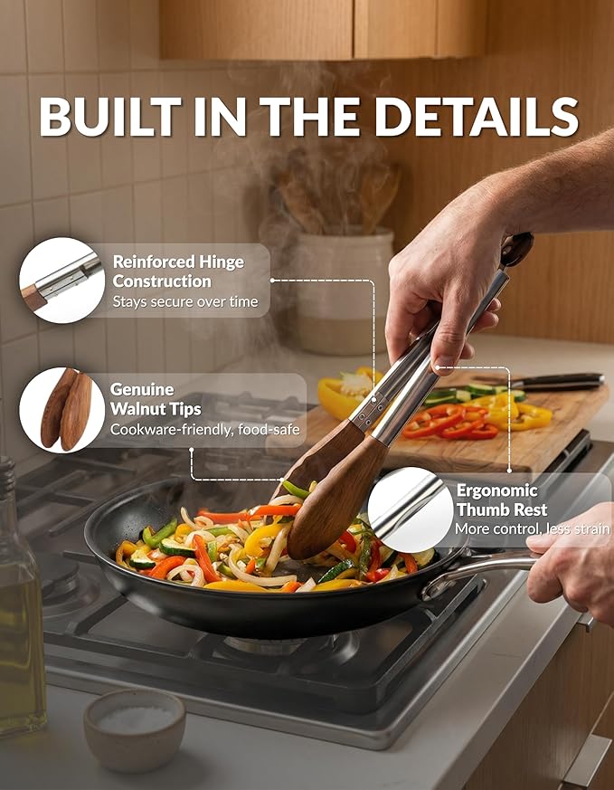 Boxiki Kitchen 9 Inch Tongs for Cooking with Wooden Tips - Nonstick Kitchen Tongs for Serving Food, Cooking, BBQ and Tossing Salad - Made of Walnut Wood