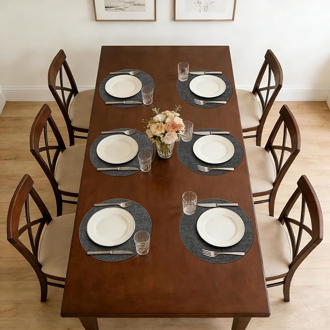 Maxpearl Round Placemats Set of 6, 13.8 inch Faux Leather Heat Resistant Table Mats, Non Slip Waterproof Wipeable Place Mats for Kitchen Dining Holiday Party Table Settings, Black