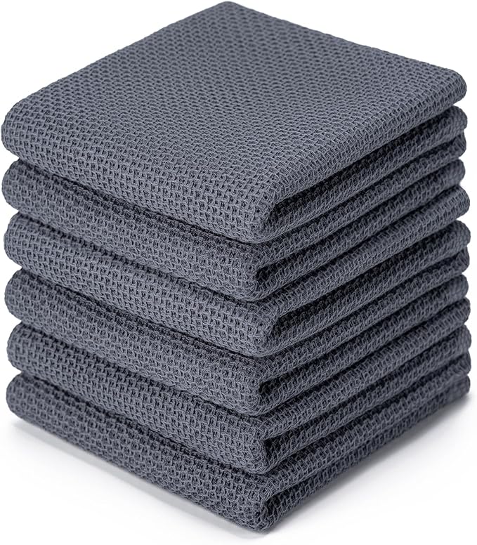 BOOMIBOO 6-Pack Kitchen Dish Cloths, 100% Cotton Waffle Weave, Ultra Soft Absorbent, Quick Drying Dish Towels, 13x28 Inches,Dark Grey