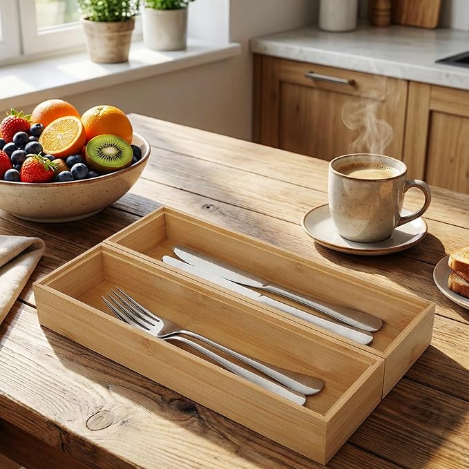 Lemecima Kitchen Drawer Organizer, Bamboo Utensil Tray Set of 4 for Silverware, Office, Bathroom & Pantry Storage, Natural Wood Compartments (11.8"x3"x2")