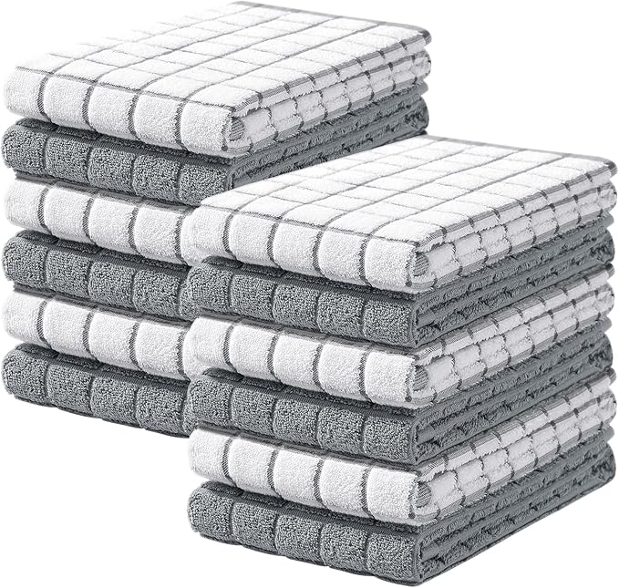 Homaxy Premium Cotton Kitchen Towels 16"x 28", Large Natural Ring Spun 390 GSM Dish Towels, Super Absorbent Terry Kitchen Hand Towels, Soft Tea Towels with Hanging Loop, Grey Check Design, 12 Pack