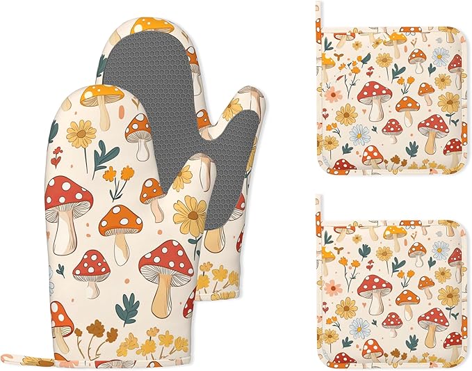Retro Mushroom Daisy Flowers Silicone Oven Mitts and Pot Holders,Heat-Resistant 4 Piece Kitchen Set Non-Slip Oven Gloves and Hot Pads for Cooking, Baking, Grilling,BBQ