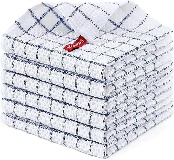 Homaxy 100% Cotton Dish Cloths, 6 Pack-12 X 12 Inches, Check Design Waffle Weave Dish Rags for Washing Dishes, Ultra Absorbent and Fast Drying Dishcloths, Navy Blue