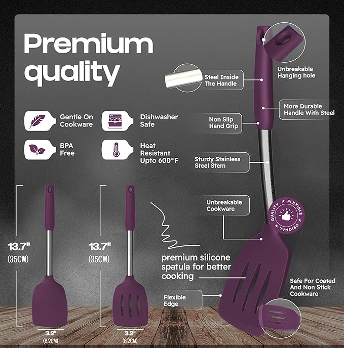 BakeRoyal Silicone Spatula Set - Turner Spatulas Silicone Heat Resistant 600°F - Slotted & Solid Spatula for Cooking Fish, Eggs, Pancakes Flipper – Spatulas for kitchen use – Berry