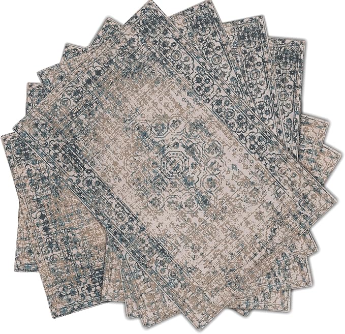 aportt Grey Brown Ethnic Boho Placemats Set of 6 Bohemian Carpet Vintage Gray Linen Washable Kitchen Dining Table Mats Stain Heat-Resistant Desktop Decor Place Mats for Home Party Indoor 12x18 in