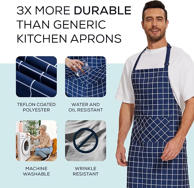 Will Well Kitchen Apron for Men and Women - 33" x 27" Oil-and-Water-Resistant with Adjustable Neck Strap and 38" Waist Ties for a Snug Fit, Lightweight with 2 Front Pockets - 2-Pack, Navy Checkered