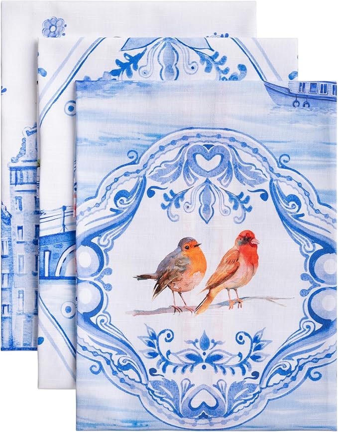 Maison d' Hermine Kitchen Towels Set of 3 100% Cotton 27.50" x 20" Reusable Cloth Tea Dish Towels Absorbent with Hanging Loop for Kitchen Gifts for Mothers Day Spring/Summer (Amsterdam Canals)