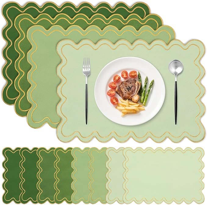 Whaline Sage Green Linen Placemats Embroidered Scalloped Kitchen Place Mats for Spring Party Home Dining Table Decor, Set of 8, 13 x 19 in