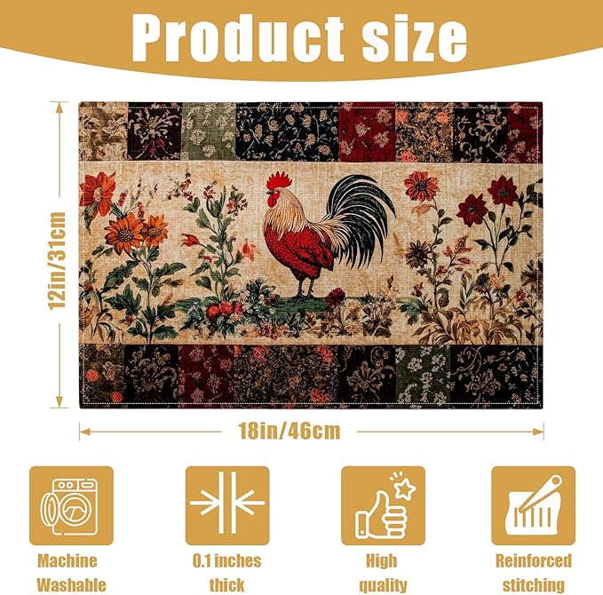 Rustic Rooster Placemats Set of 6, Flower Floral Linen Place Mat Washable Stain Resistant Table Mats for Farmhouse Kitchen Dining Holiday Party Wedding Decor 12x18 Inch