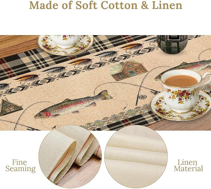 Vintage Fishing Table Runner Rustic Cabin Rods Lure Southwestern Check Art Printed Dinner Runner for Home Kitchen Dining Table Decor Fabric 1 Panel W13xL90in