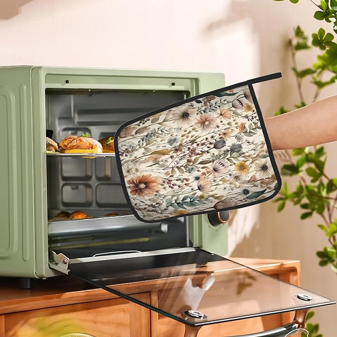 2PCS Boho Watercolor Floral Pot Holder with Loop,Heat Resistant Oven Pads,Hot Pat for Kitchen Cooking Baking Food